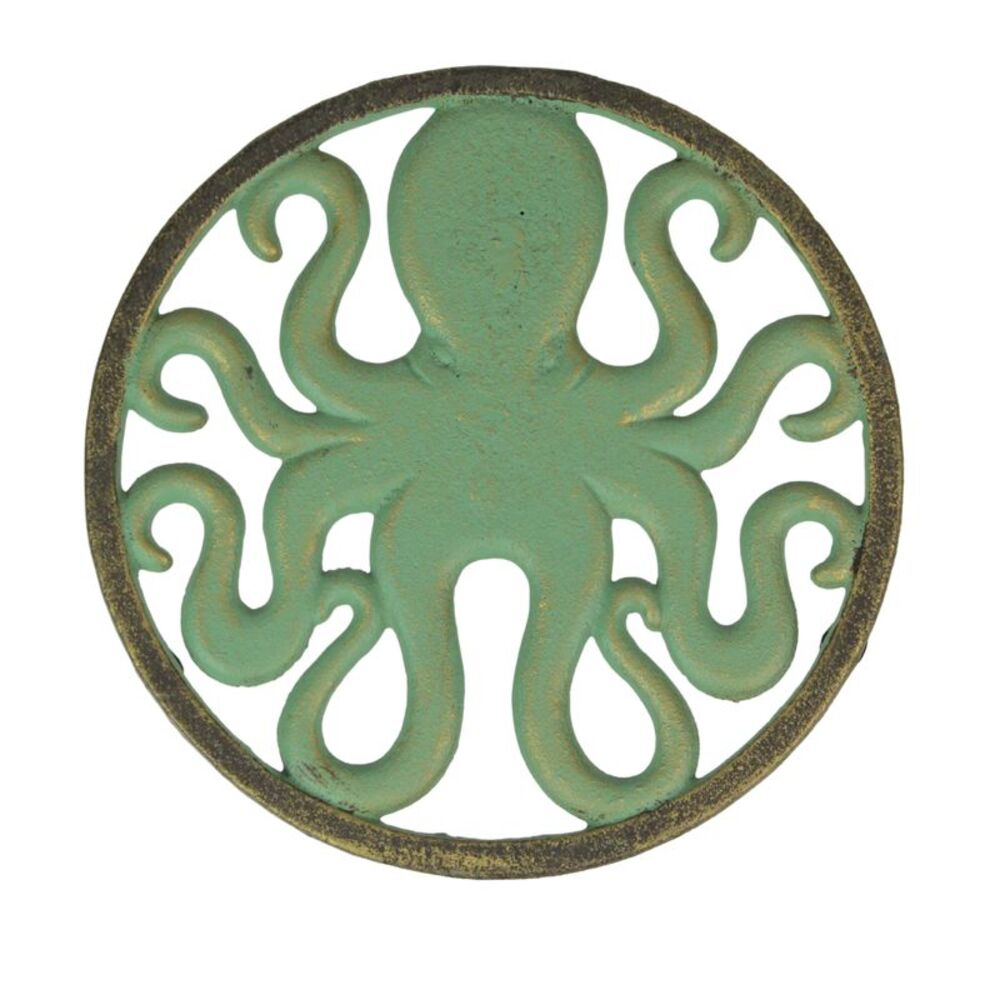Cast Iron Octopus Trivet – Verdigris/Bronze, 7.75", Heat-Resistant Nautical Art